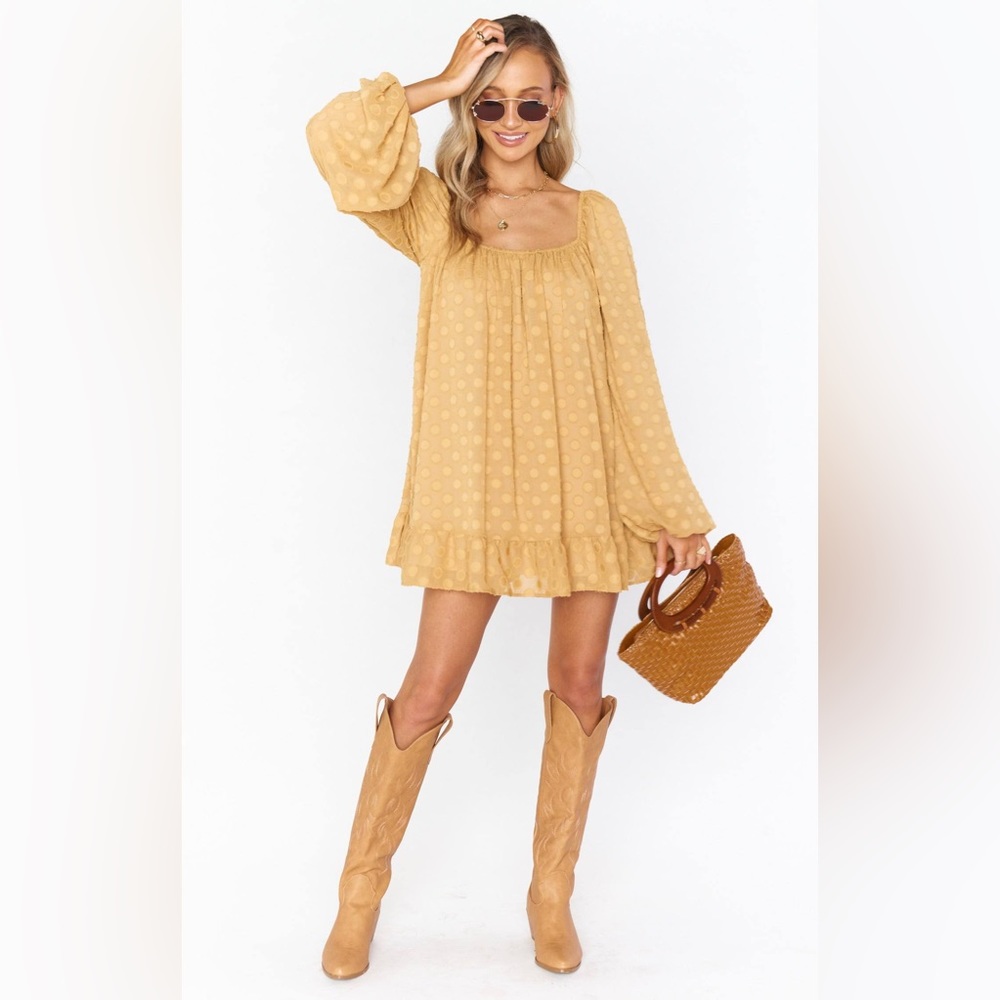 Show Me Your Mumu Womens Medium Briar Gold Puff Sleeve Mini Dress